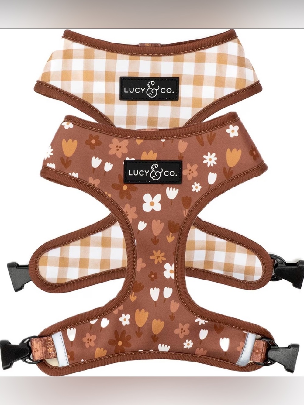 Lucy & Co. Chocolate Meadows Brown Floral Gingham Reversible Dog Harness Medium